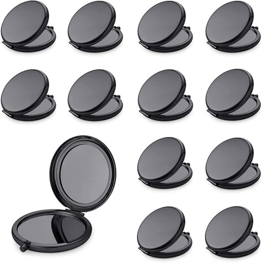 Compact Mirror for Purse, Metal Round Shell, Double-Sided 1X/2X Magnifying, Portable Travel Small Makeup Mirror, Mini Pocket Mirror, Black, 12 Pack