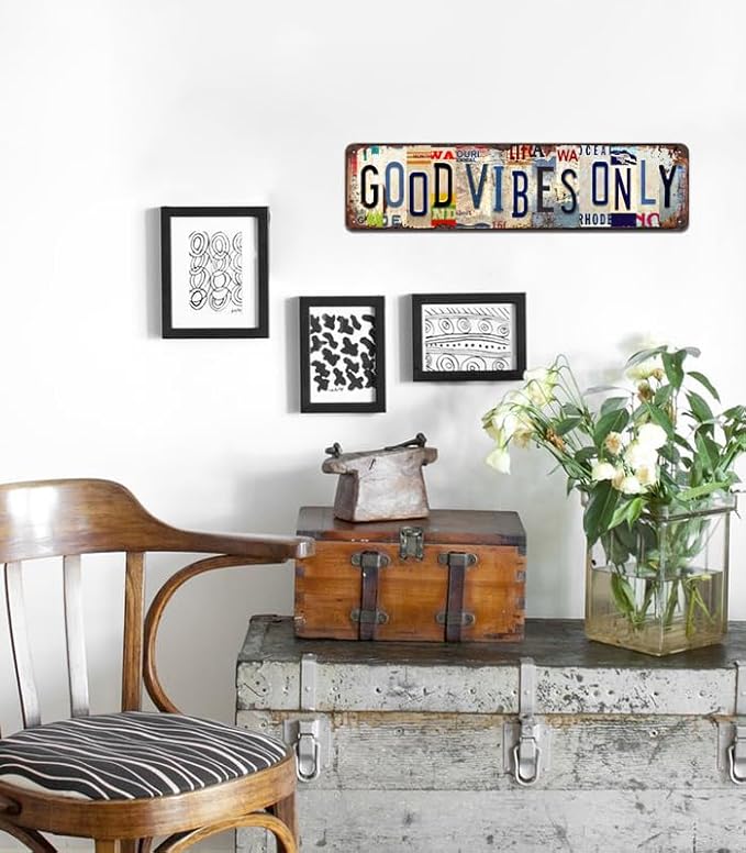 Good Vibes Only Rustic Metal Tin Sign - Vintage Inspirational Wall Art for Home, Office, Yoga Room, Farmhouse Décor - 4x16 Inch