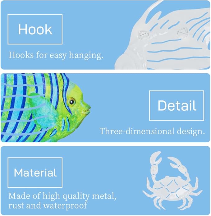 Coastal Decor Metal Wall Art, Ocean Theme Outdoor Wall Decor, Crab Seahorse Sea Turtle Metal Fish Nautical Wall Decor for Pool Fence Bathroom Indoor Garden Yard Kitchen (Set of 4)