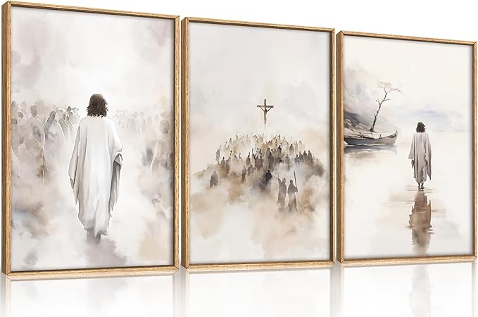 Jesus Christ Easter Framed Canvas Wall Art Set,Religious Christian Bible Verses Crucified Resurrection Wall Decor,Netural Beige Watercolor Artwork for Living Room,Church,Prayer Room - 24"x36"x3