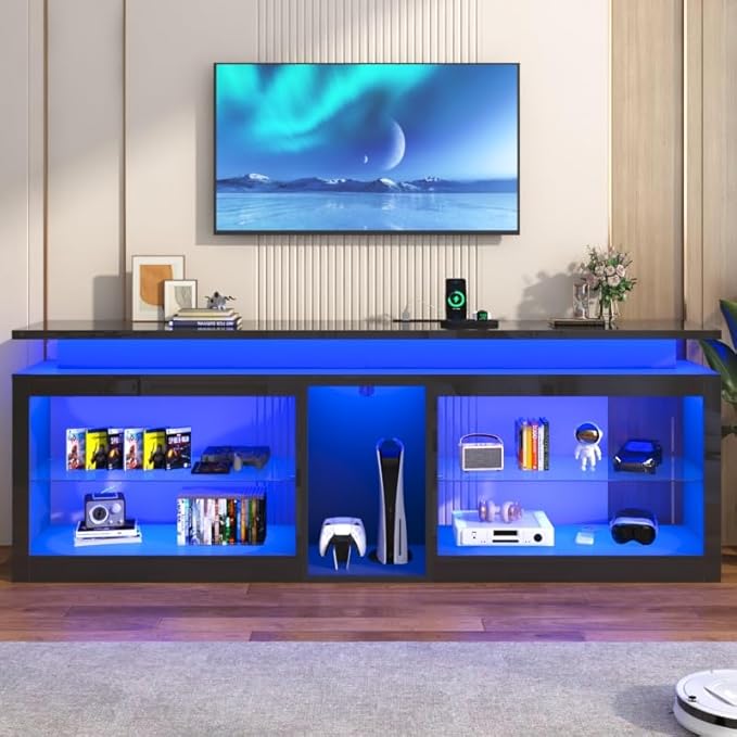 80" LED TV Stand with Power Outlet,60-Colors LED Lights For 80 85 90in TV,High Gloss Gaming Entertainment Center w/Adjustable Shelves,Black TV Console with Modern Design for Living Room Bedroom