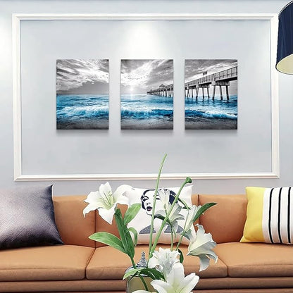 DZRWUBHS Wall Decorations For Living Room 3 Piece Framed Canvas Wall Art Black And White Wall Painting Blue Ocean Sea Wave Pictures