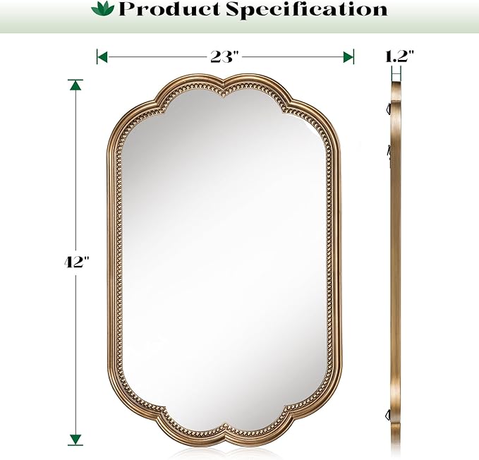Scalloped Mirror for Bathroom, 23" x 42" Antique Wide Brass Mirror, Vintage Gold Mirrors with Beaded for Over Sink, Bedroom, Living Room, Fireplace, Entryway, Hangs Horizontally or Vertically