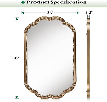 Scalloped Mirror for Bathroom, 23" x 42" Antique Wide Brass Mirror, Vintage Gold Mirrors with Beaded for Over Sink, Bedroom, Living Room, Fireplace, Entryway, Hangs Horizontally or Vertically