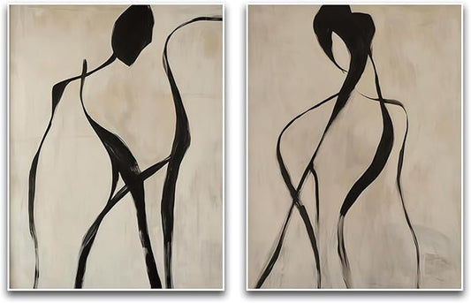 ZHBJSM Abstract Figure Wall Art Set of 2 Modern Minimalist Elegant Black People Line Subtle Texture Neutral Tone Home Living Room Bedroom Chic Modern Interior Decor 12x16 Inch Unframed
