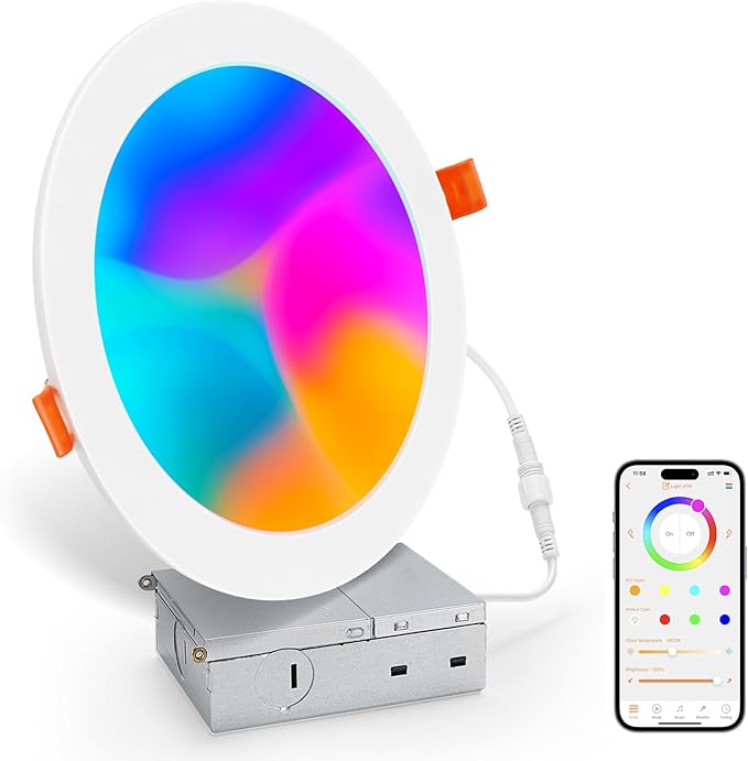 Smart Recessed Lighting 6 Inch, Color Changing Canless Ceiling Lights with Junction Box, 1500 Lumen Wafer Downlight RGB Dimmable with APP, Alexa, Siri, Google Assistant, 1 Pack