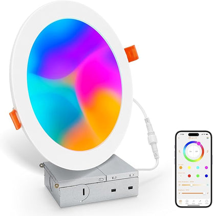 Smart Recessed Lighting 6 Inch, Color Changing Canless Ceiling Lights with Junction Box, 1500 Lumen Wafer Downlight RGB Dimmable with APP, Alexa, Siri, Google Assistant, 1 Pack