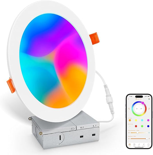Smart Recessed Lighting 6 Inch, Color Changing Canless Ceiling Lights with Junction Box, 1500 Lumen Wafer Downlight RGB Dimmable with APP, Alexa, Siri, Google Assistant, 1 Pack