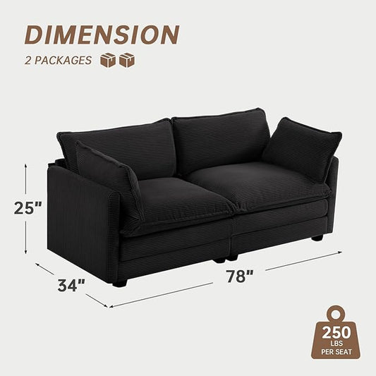 ROWHY Sectional 2 Seat Cloud Loveseat with 2 Throw Pillows, Modern Corduroy Love Seat Sleeper Bed, Convertible Cozy Sofa for Living Room and Office, Black