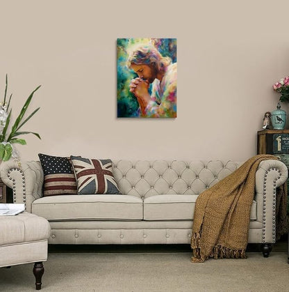 Praying Jesus Canvas Wall Art Colorful abstract Christianity Painting Picture Wall Decor religious Poster Print Artwork for Prayer Room Living Room 16x24 Inches