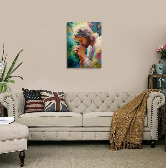 Praying Jesus Canvas Wall Art Colorful abstract Christianity Painting Picture Wall Decorreligious Poster Print Artwork for Prayer Room Living Room 12x16 Inches