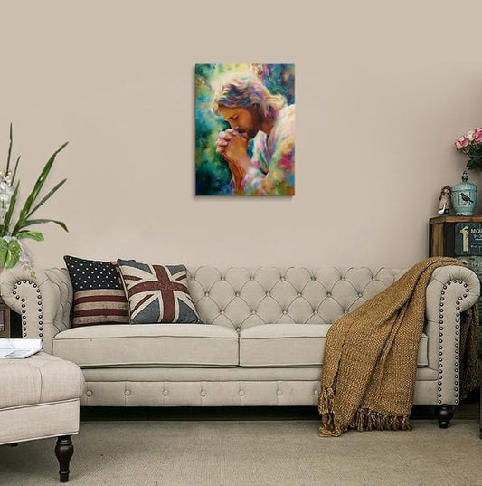 Praying Jesus Canvas Wall Art Colorful abstract Christianity Painting Picture Wall Decorreligious Poster Print Artwork for Prayer Room Living Room 12x16 Inches