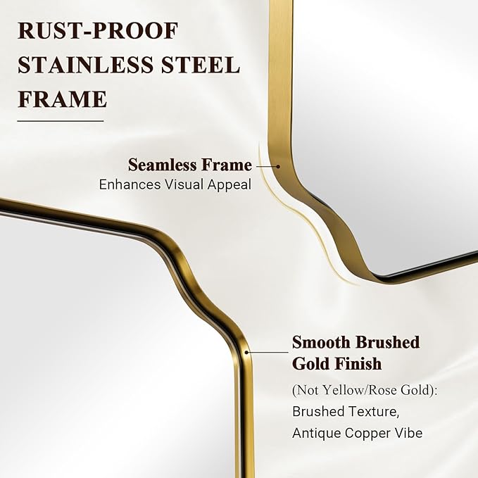 ANDY STAR 30"x36" Gold Bathroom Mirror, Brushed Brass Rectangle Mirror for Bathroom, Scalloped Vanity Mirror in Anti-Rust Stainless Steel Metal Thin Frame, Wall Mount Vertical or Horizontal