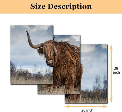 Pacimo 3 Panels Framed Canvas Prints Highland Cattle Wall Art Home Decorations for Living Room Modern Stretched and Framed Animal Pictures Photo Giclee Paintings Ready to Hang - 20"x28"x3 Panels