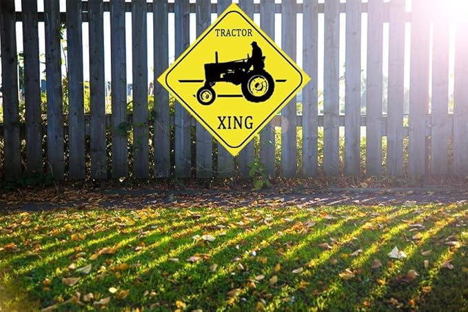 Funny Metal Warning Farmer Tractor Crossing XING Tin Sign Wall Décor Man Cave Bar Farm 12 X 12 Inch