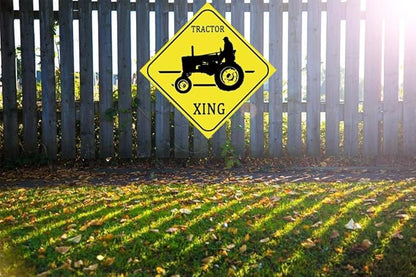 Funny Metal Warning Farmer Tractor Crossing XING Tin Sign Wall Décor Man Cave Bar Farm 12 X 12 Inch