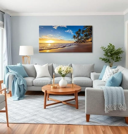 Beach Sunset Large Wall Art Tropical Palm Tree Canvas Paintings Coastal Landscape Pictures Wall Decor for Living Room Ocean Seascape Poster Nature Painting for Bedroom Office Home Decor 20x40 Inches