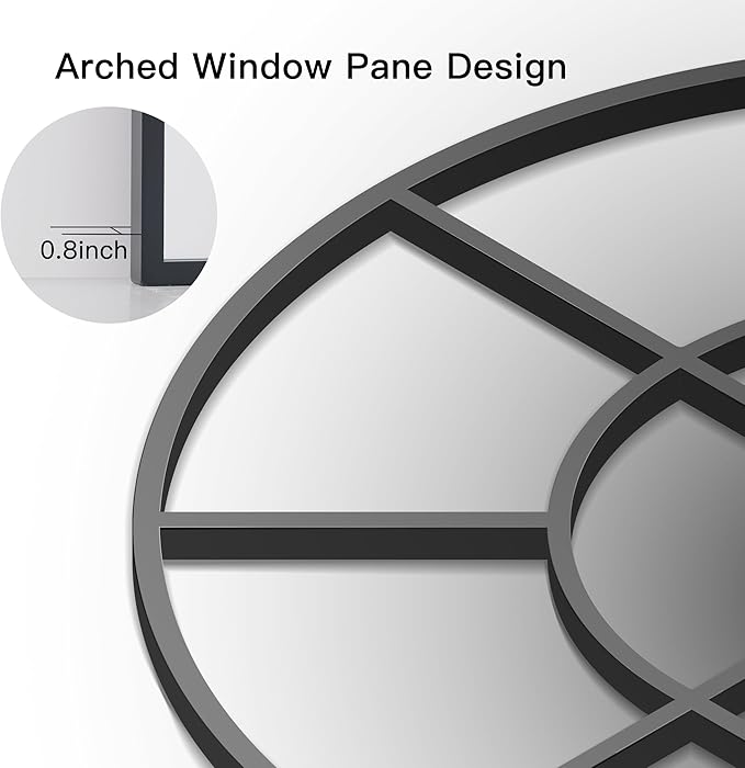 Arched Mirror, 30"x48" Arch Window Mirror, Black Frame Window Pane Mirror Wall Decor, Large Wall Mounted Mirror Decorative for Living Room Bedroom Entryway Hanging or Leaning Against Wall