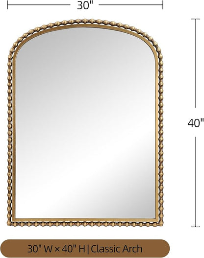 30x40 Inch Arched Wall Mirror, Antique Gold Beaded Metal Frame, Large Vertical Wall Mirror for Entryway, Bedroom or Hallway, Decorative Wall Mounted Mirror