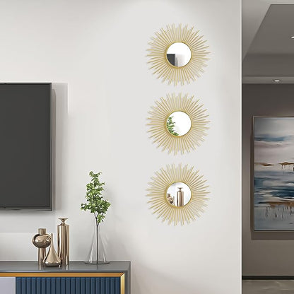 3 Pack Metal Mirrors for Wall Sunburst Wall Mirrors Home Décor Decorative Hanging Wall Art for Living Room Bedroom Entryway (Gold2, Sunburst)