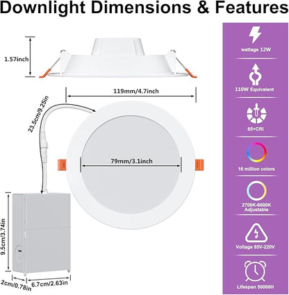24Pack Smart Recessed Lighting 4 Inch RGBCW Color Changing 12W LED Downlight with Junction Box,1080 Lumen Recessed Ceiling Light Compatible with Alexa,Dimmable by Bluetooth Control