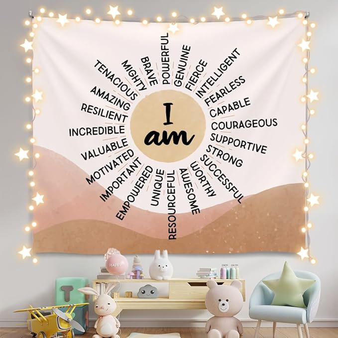 Soft Flannel Wall Tapestry – I Am Kind ,I Am Strong Inspirational Tapestry,Boho Wall Hanging Decor for Bedroom Living Room Kids Room Decor,Birthday Party Wall Art Decoration 59x51 inch (Colorful-You are kind) (Orange-I am)