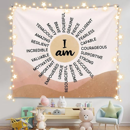 Soft Flannel Wall Tapestry – I Am Kind ,I Am Strong Inspirational Tapestry,Boho Wall Hanging Decor for Bedroom Living Room Kids Room Decor,Birthday Party Wall Art Decoration 59x51 inch (Colorful-You are kind) (Orange-I am)
