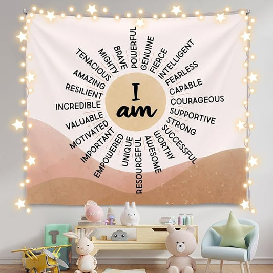 Soft Flannel Wall Tapestry – I Am Kind ,I Am Strong Inspirational Tapestry,Boho Wall Hanging Decor for Bedroom Living Room Kids Room Decor,Birthday Party Wall Art Decoration 59x51 inch (Colorful-You are kind) (Orange-I am)