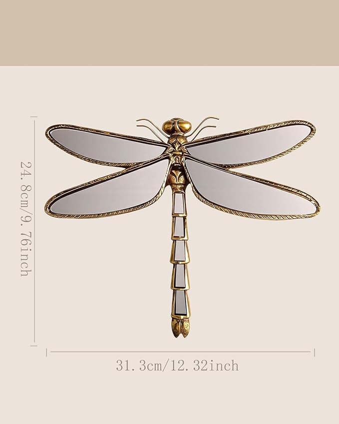 Dragonfly Wall Mirror Decor, Butterfly Art Wall Mirrors, Retro Gold Resin Decorative Wall Mirror, Creative Home Decoration for Living Room Bedroom (Dragonfly)