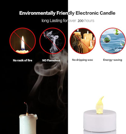JUNPEI Pack of 24 Flameless Tea Light Candles Realistic Flickering:Battery Long Lasting Warm White Light Lamp Operated Powered for Seasonal & Festival Celebrations