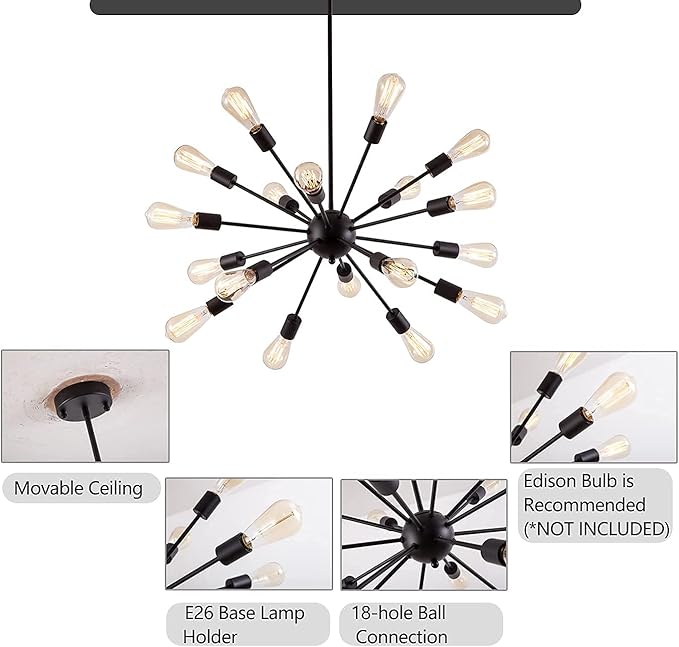 Sputnik Chandeliers Black, Modern 18-Light Farmhouse Pendant Light Mid Century Starburst Lighting Vintage Industrial Ceiling Hanging for Living Dining Room, Bedroom, Kitchen Island, Foyer, Hallway