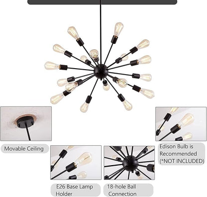 Sputnik Chandeliers Black, Modern 18-Light Farmhouse Pendant Light Mid Century Starburst Lighting Vintage Industrial Ceiling Hanging for Living Dining Room, Bedroom, Kitchen Island, Foyer, Hallway