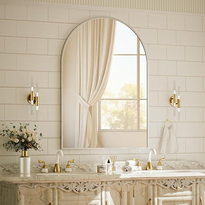 BEAUTYPEAK 30"x40" Arch Bathroom Mirror, Wall Mounted Vanity Metal Frame Mirror for Bedroom, Entryway, Living Room, Silver