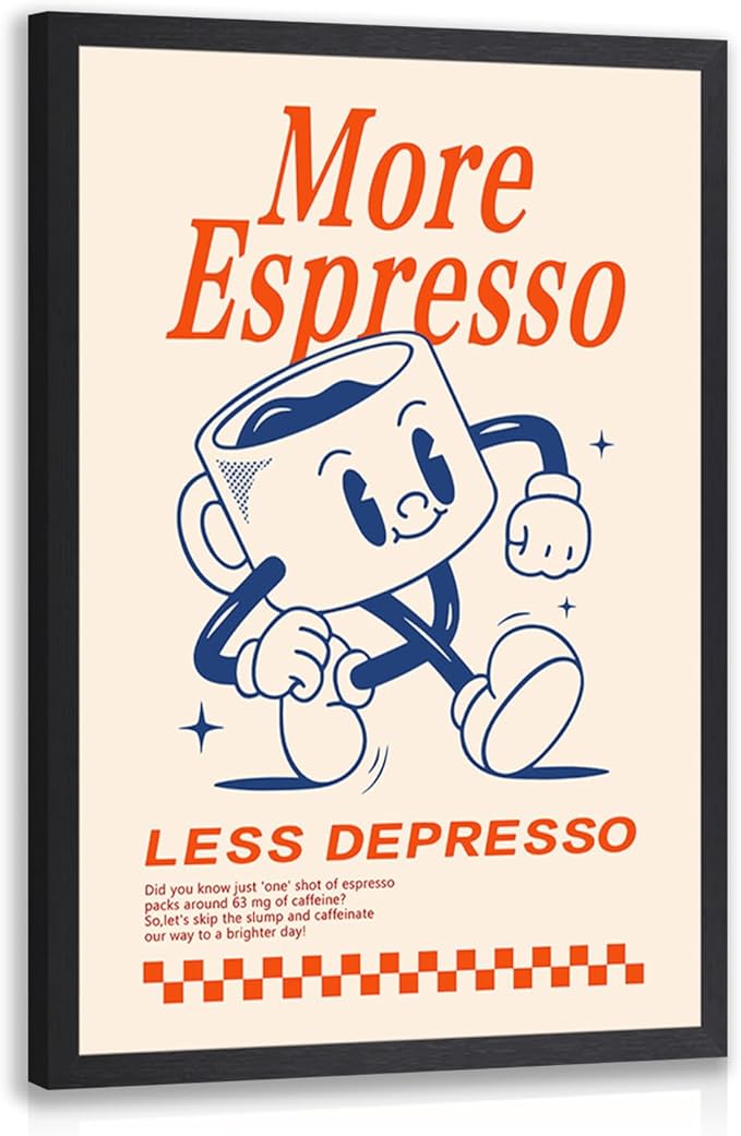 GELDSTEI Wood Framed Cute Coffee Wall Art, More Espresso Less Depresso Wall Decor, Funny Coffee Bar Aesthetic Picture, Vintage Cafe Bar Poster Print, Retro Cafe Cup Canvas Painting for Kitchen 16x24 Inch