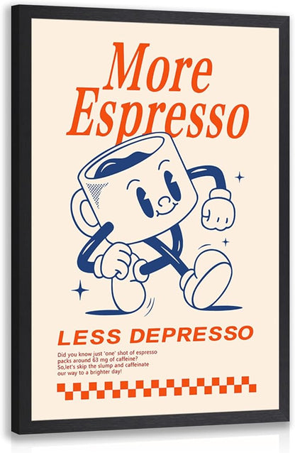 GELDSTEI Wood Framed Cute Coffee Wall Art, More Espresso Less Depresso Wall Decor, Funny Coffee Bar Aesthetic Picture, Vintage Cafe Bar Poster Print, Retro Cafe Cup Canvas Painting for Kitchen 12x16 Inch