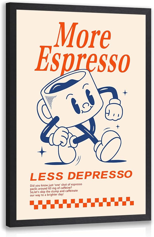 GELDSTEI Wood Framed Cute Coffee Wall Art, More Espresso Less Depresso Wall Decor, Funny Coffee Bar Aesthetic Picture, Vintage Cafe Bar Poster Print, Retro Cafe Cup Canvas Painting for Kitchen 12x16 Inch
