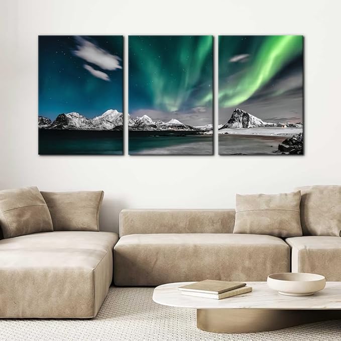Pacimo Canvas Wall Art Aurora Scenery Painting on Canvas for Living Room Decoration Natural Landscape Canvas Painting for Bedroom Home Office Decor Stretched Framed Ready to Hang - 20"x28"x3 Panels