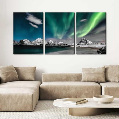 Pacimo Canvas Wall Art Aurora Scenery Painting on Canvas for Living Room Decoration Natural Landscape Canvas Painting for Bedroom Home Office Decor Stretched Framed Ready to Hang - 20"x28"x3 Panels