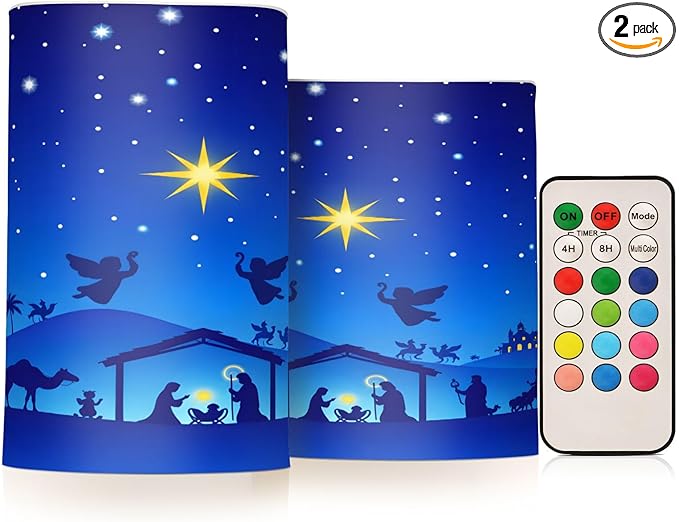 ALAZA Christmas Blue Nativity Scene Flickering Flameless Candles Battery Operated with Remote Timer,Tea Light Candles LED Pillar Votive Candles Set of 2 for Outdoor Indoor Decorations