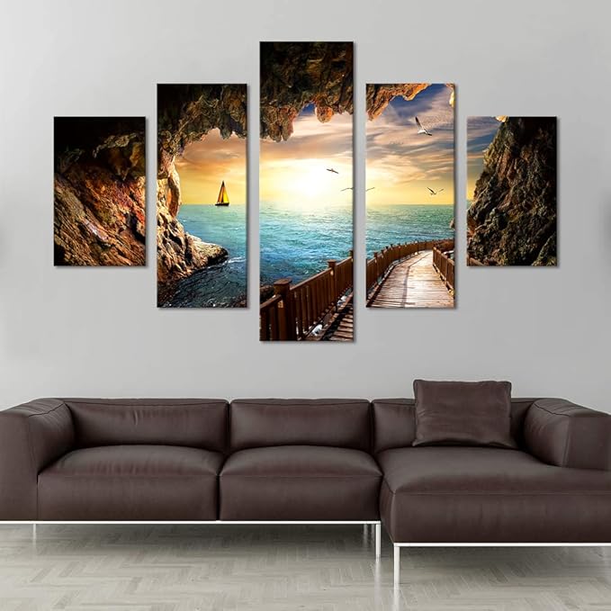 Beautiful Landscape Sunset Seagulls Stone Scene Picture Seascape Modern Pictures Painting on Canvas 5 Panel Combination Enlarge for Wall Art Living Room Home Decor Framed Stretched (60''W x 40''H)