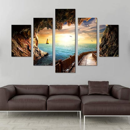 Beautiful Landscape Sunset Seagulls Stone Scene Picture Seascape Modern Pictures Painting on Canvas 5 Panel Combination Enlarge for Wall Art Living Room Home Decor Framed Stretched (60''W x 40''H)