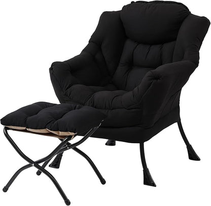 MBOOYOME Lazy Chair with Folding Ottoman, Modern Accent Lounge Armchair with Armrests and a Side Pocket & Foldable Footstool, Leisure Reading Chair for Living Room, Bedroom, Dorm & Office, Black
