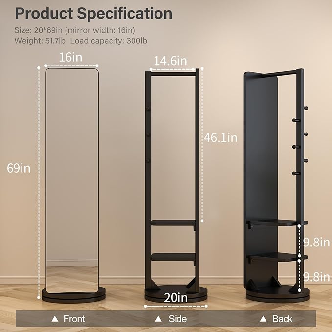 WoodsWhisper Full Length Mirror Coat Rack Solid Wood Floor Mirror 70"x16" Full Length Mirror with Stand Long Mirrors for Bedroom,Living Room (Black, 70" L x 16" W)