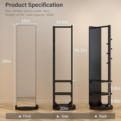 WoodsWhisper Full Length Mirror Coat Rack Solid Wood Floor Mirror 70"x16" Full Length Mirror with Stand Long Mirrors for Bedroom,Living Room (Black, 70" L x 16" W)