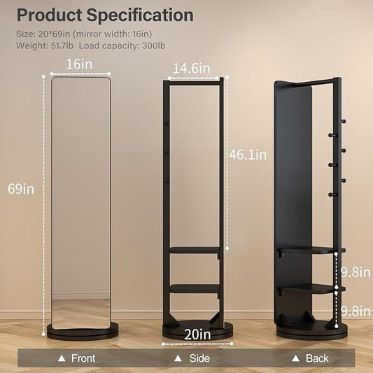 WoodsWhisper Full Length Mirror Coat Rack Solid Wood Floor Mirror 70"x16" Full Length Mirror with Stand Long Mirrors for Bedroom,Living Room (Black, 70" L x 16" W)