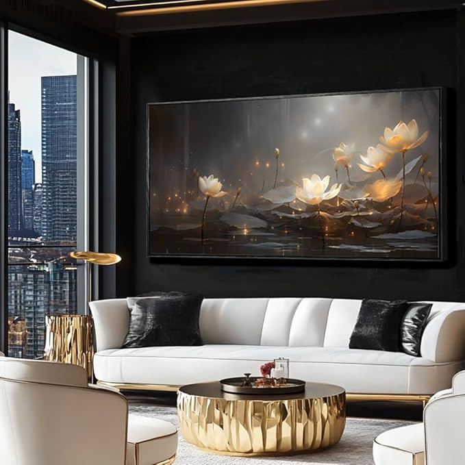 Flower Wall Decor Living Room Decor Modern Artwork 24"x 48" Gold and White Wall Art Floral Large Black Framed Plants Paintings Room Decor
