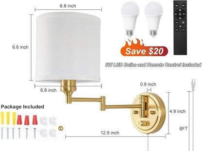 Plug in Wall Sconces with Remote Control, Dimming 10%-100% & Adjustable Colors 2700K-6500K, Hardwire or Plug-in, Swing Arm Wall Lamp with White Fabric Shade, Wall Sconces Set of Two, Gold Finish