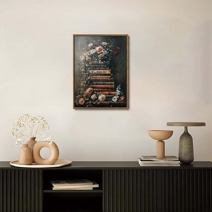 WALLZK Vintage Framed Wall Art Floral Books Canvas Prints Library Antique Literary Retro Decor Botanical Pictures Artwork for Walls Living Room Study Bedroom Bathroom 16"x24"