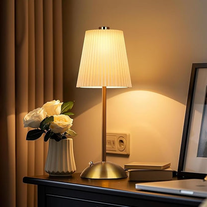 FRIDEKO HOME Rechargeable Table Lamp Gold - Cordless Battery Operated Lamp, Fabric Shade Desk Lamp, Wireless Lamp for Decor Bedroom Dining Table Counter (1pcs-Hard Fabric-LED-11.65in)
