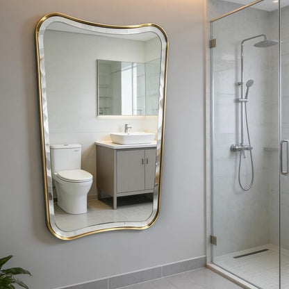 POZINO Brushed Gold Beveled Mirror, 30"x48" Irregular Aesthetic Floor Mirrors, Bathroom Vanity Mirror with Stainless Steel Frame, Butterfly Shape Wall Mirrors for Living Room Bedroom Hallway Entryway